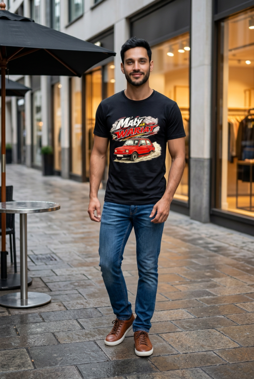 Fiat 126p - mały, ale wariat! | czarna koszulka t-shirt z nadrukiem | PRL | Print Majster