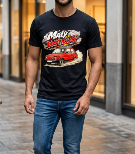 Fiat 126p - mały, ale wariat! | czarna koszulka t-shirt z nadrukiem | PRL | Print Majster