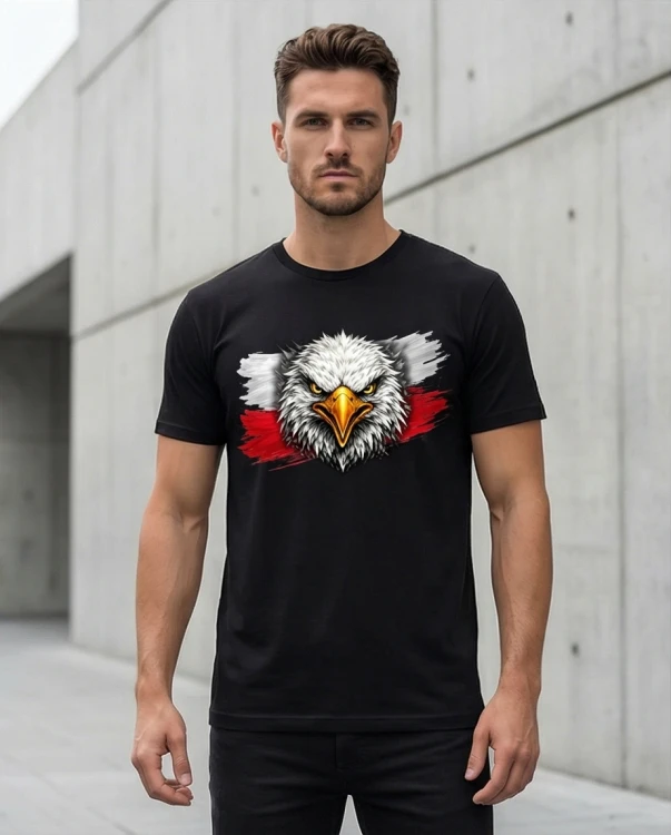 Koszulka patriotyczna z orłem czarna - biało-czerwony nadruk | Print Majster