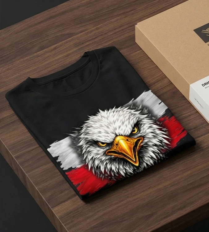 Koszulka patriotyczna z orłem czarna - biało-czerwony nadruk | Print Majster