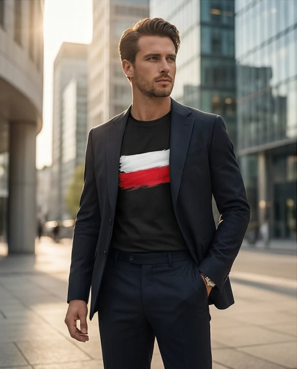 Koszulka patriotyczna z flagą Polski czarna - biało-czerwony nadruk | Print Majster