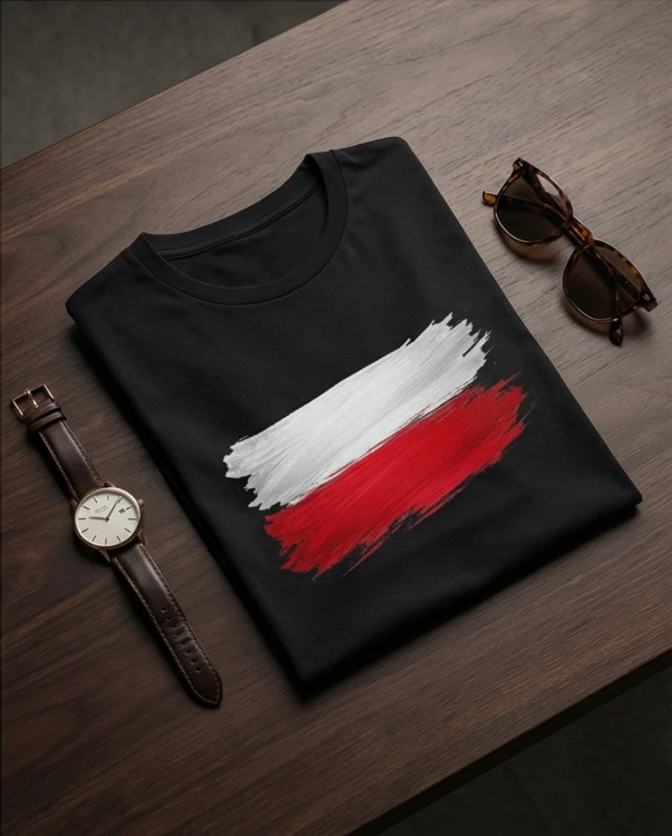 Koszulka patriotyczna z flagą Polski czarna - biało-czerwony nadruk | Print Majster