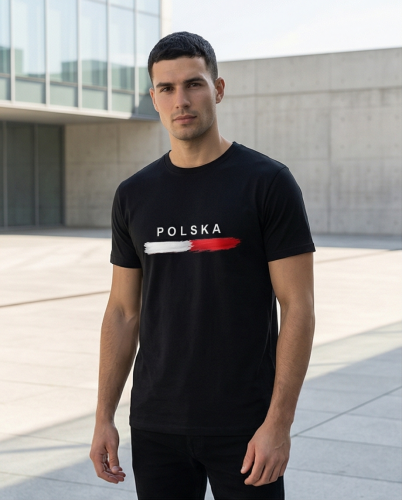 Koszulka patriotyczna czarna - biało-czerwona pozioma flaga z napisem POLSKA | Print Majster