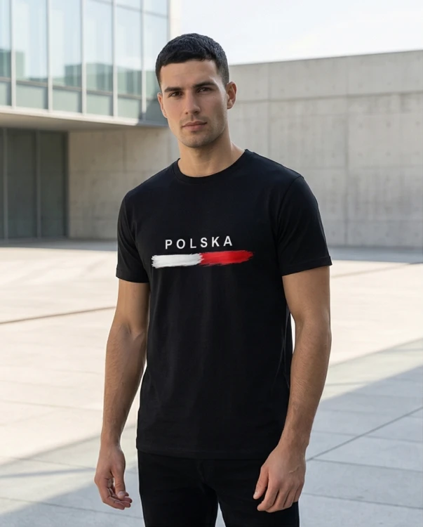 Koszulka patriotyczna czarna - biało-czerwona pozioma flaga z napisem POLSKA | Print Majster