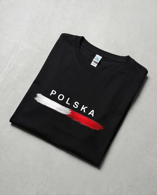 Koszulka patriotyczna czarna - biało-czerwona pozioma flaga z napisem POLSKA | Print Majster