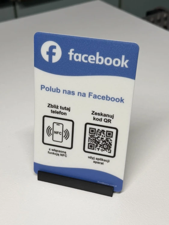 Prezenter NFC "Facebook 1" z kodem QR - plexi, druk UV, podstawka 3D PLA | Print Majster
