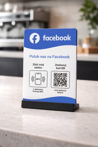 Prezenter NFC "Facebook 1" z kodem QR - plexi, druk UV, podstawka 3D PLA | Print Majster