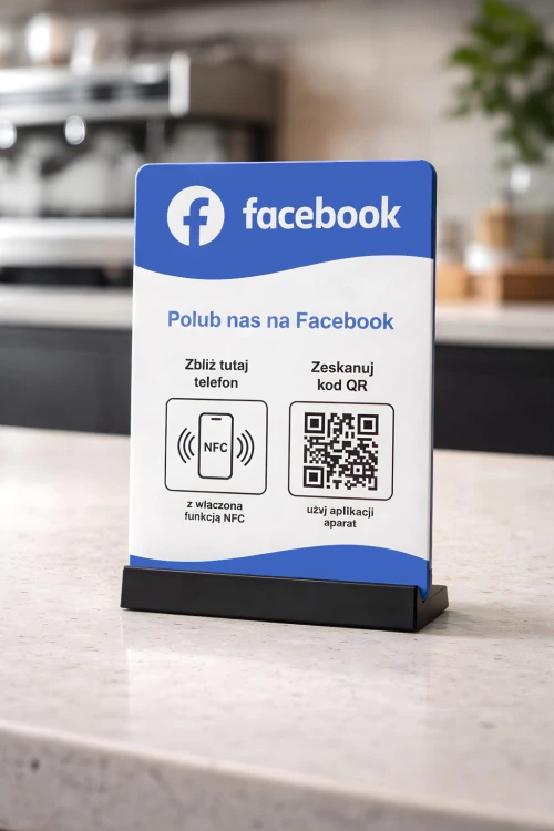 Prezenter NFC "Facebook 1" z kodem QR - plexi, druk UV, podstawka 3D PLA | Print Majster