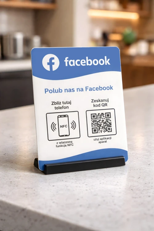 Prezenter NFC "Facebook 1" z kodem QR - plexi, druk UV, podstawka 3D PLA | Print Majster