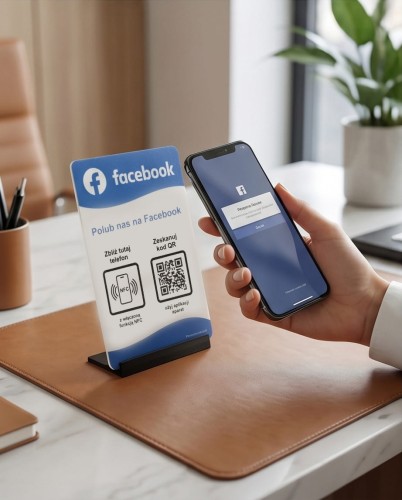 Prezenter NFC "Facebook 1" z kodem QR - plexi, druk UV, podstawka 3D PLA | Print Majster