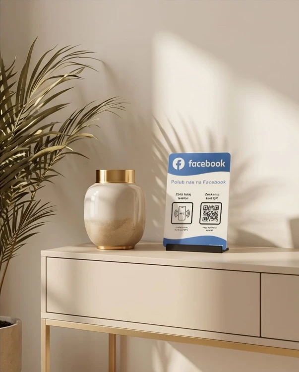 Prezenter NFC "Facebook 1" z kodem QR - plexi, druk UV, podstawka 3D PLA | Print Majster