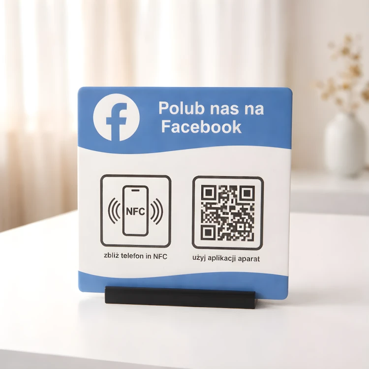 Prezenter NFC "Facebook 1" 12x12 cm z kodem QR - plexi, druk UV, podstawka 3D PLA | Print Majster