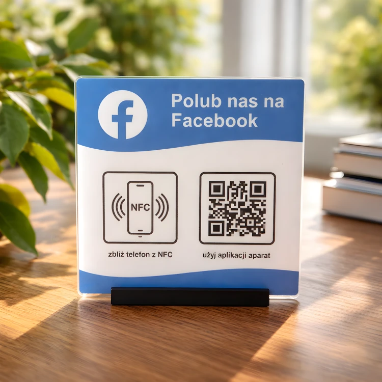 Prezenter NFC "Facebook 1" 12x12 cm z kodem QR - plexi, druk UV, podstawka 3D PLA | Print Majster