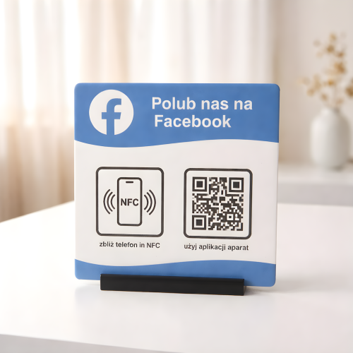 Prezenter NFC "Facebook 1" 8x8 cm z kodem QR - plexi, druk UV, podstawka 3D PLA | Print Majster