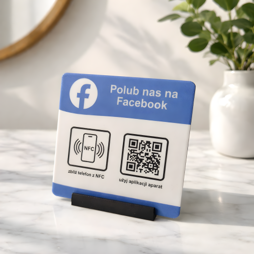 Prezenter NFC "Facebook 1" 8x8 cm z kodem QR - plexi, druk UV, podstawka 3D PLA | Print Majster