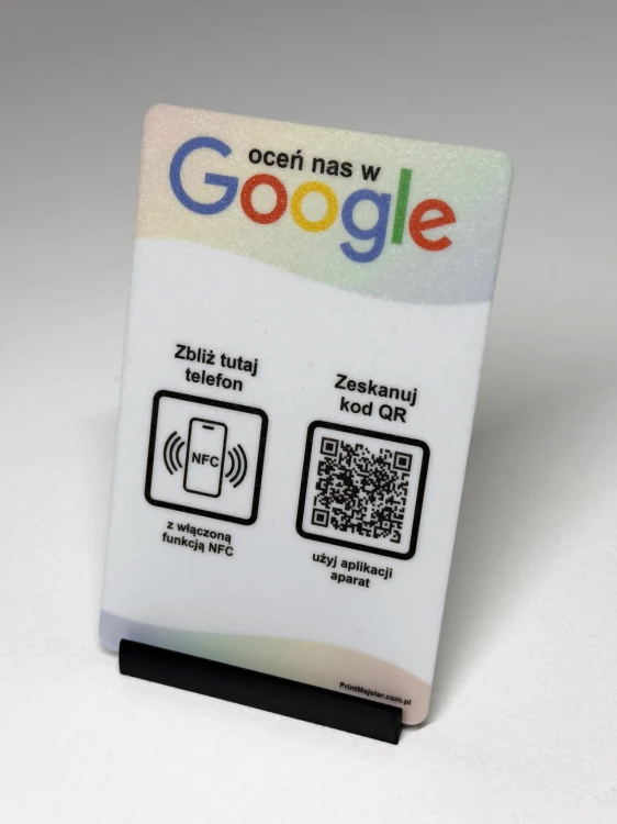 Prezenter NFC  z kodem QR - Google1 - plexi, druk UV, podstawka 3D PLA | Print Majster