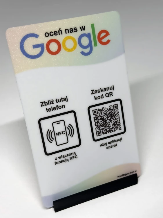 Prezenter NFC  z kodem QR - Google1 - plexi, druk UV, podstawka 3D PLA | Print Majster