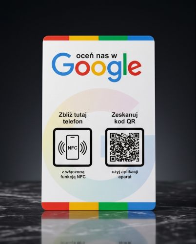 Prezenter NFC  z kodem QR - Google 2 - plexi, druk UV, podstawka 3D PLA | Print Majster
