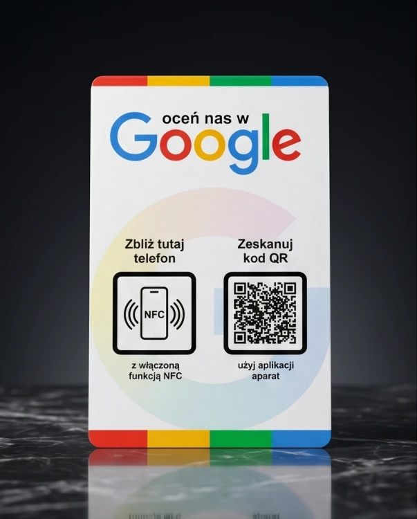 Prezenter NFC  z kodem QR - Google 2 - plexi, druk UV, podstawka 3D PLA | Print Majster