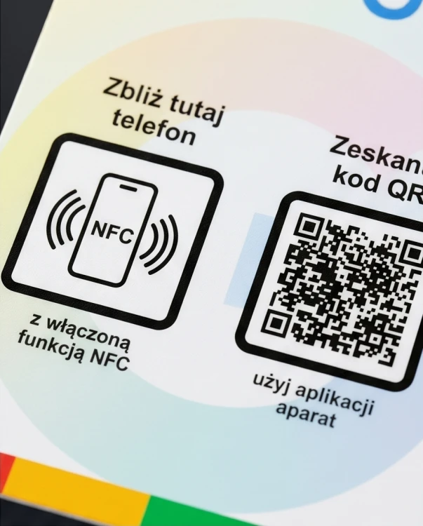 Prezenter NFC  z kodem QR - Google 2 - plexi, druk UV, podstawka 3D PLA | Print Majster