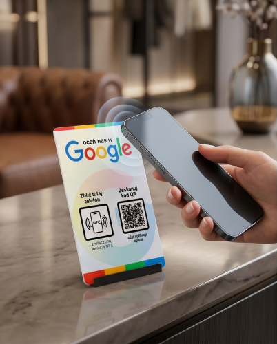 Prezenter NFC  z kodem QR - Google 2 - plexi, druk UV, podstawka 3D PLA | Print Majster