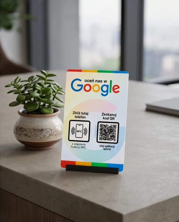 Prezenter NFC  z kodem QR - Google 2 - plexi, druk UV, podstawka 3D PLA | Print Majster