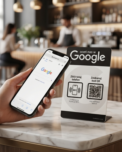 Prezenter NFC  z kodem QR - Google 3 - plexi, druk UV, podstawka 3D PLA | Print Majster