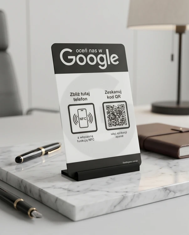 Prezenter NFC  z kodem QR - Google 3 - plexi, druk UV, podstawka 3D PLA | Print Majster