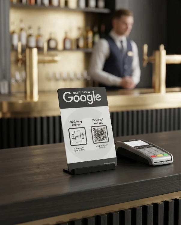 Prezenter NFC  z kodem QR - Google 3 - plexi, druk UV, podstawka 3D PLA | Print Majster