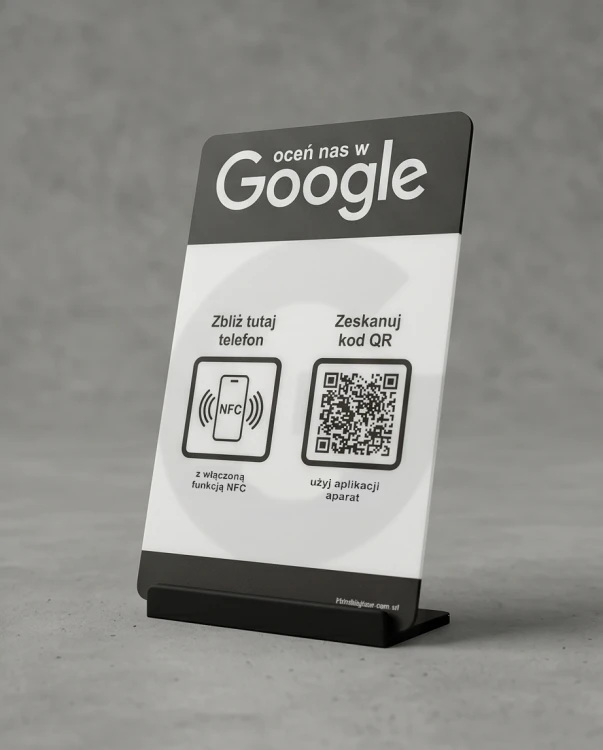 Prezenter NFC  z kodem QR - Google 3 - plexi, druk UV, podstawka 3D PLA | Print Majster