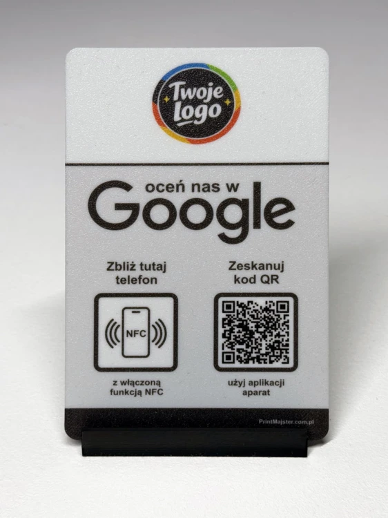 Prezenter NFC  z kodem QR - Google 4 - plexi, druk UV, podstawka 3D PLA | Print Majster