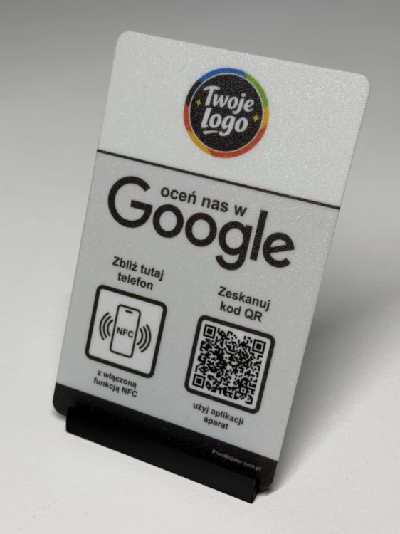 Prezenter NFC  z kodem QR - Google 4 - plexi, druk UV, podstawka 3D PLA | Print Majster