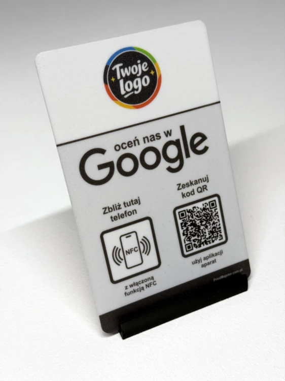 Prezenter NFC  z kodem QR - Google 4 - plexi, druk UV, podstawka 3D PLA | Print Majster