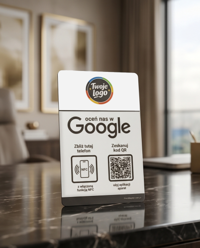 Prezenter NFC  z kodem QR - Google 4 - plexi, druk UV, podstawka 3D PLA | Print Majster