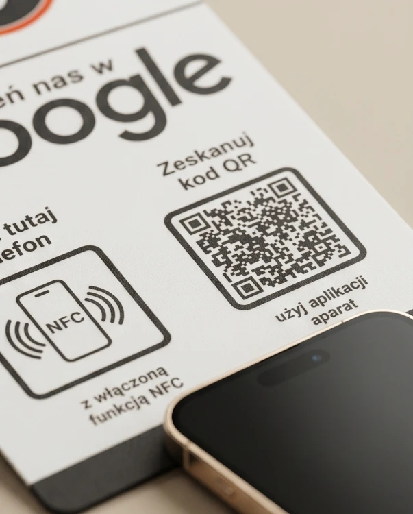 Prezenter NFC  z kodem QR - Google 4 - plexi, druk UV, podstawka 3D PLA | Print Majster