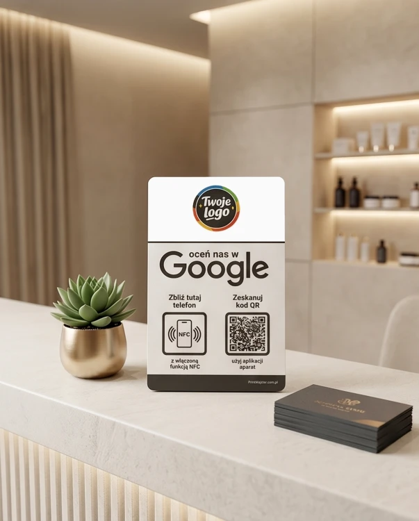 Prezenter NFC  z kodem QR - Google 4 - plexi, druk UV, podstawka 3D PLA | Print Majster