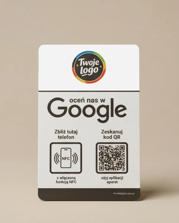 Prezenter NFC  z kodem QR - Google 4 - plexi, druk UV, podstawka 3D PLA | Print Majster