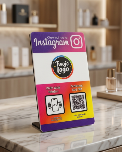 Prezenter NFC  z kodem QR - Instagram 1 - plexi, druk UV, podstawka 3D PLA | Print Majster