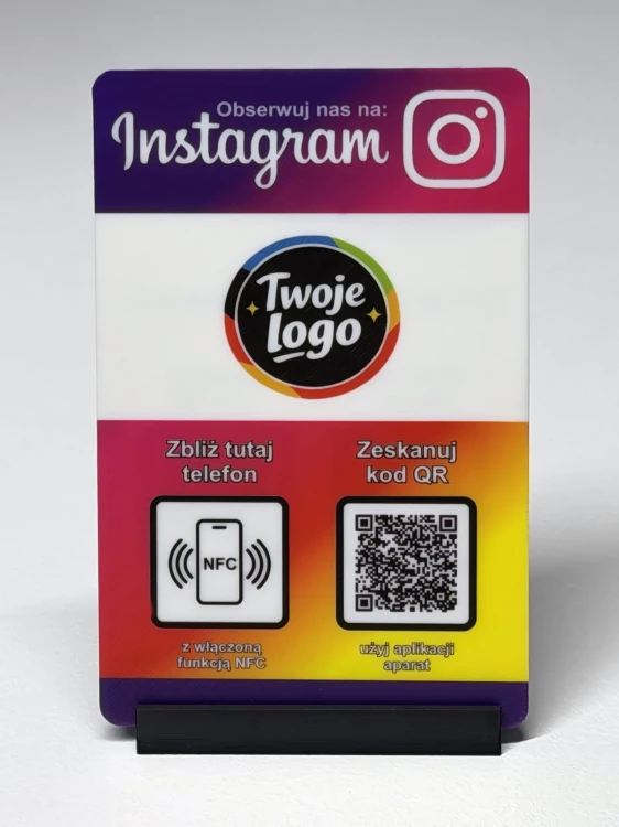 Prezenter NFC  z kodem QR - Instagram 1 - plexi, druk UV, podstawka 3D PLA | Print Majster