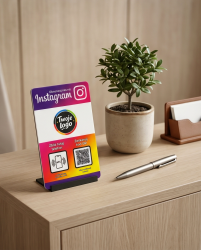 Prezenter NFC  z kodem QR - Instagram 1 - plexi, druk UV, podstawka 3D PLA | Print Majster