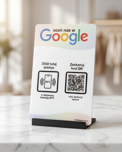 Prezenter NFC  z kodem QR - Google1 - plexi, druk UV, podstawka 3D PLA | Print Majster
