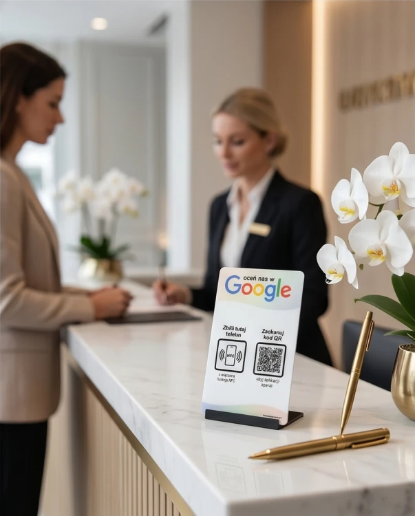 Prezenter NFC  z kodem QR - Google1 - plexi, druk UV, podstawka 3D PLA | Print Majster