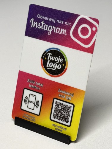Prezenter NFC  z kodem QR - Instagram 2 - plexi, druk UV, podstawka 3D PLA | Print Majster