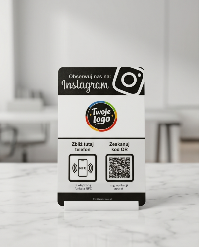 Prezenter NFC  z kodem QR - Instagram 3 - plexi, druk UV, podstawka 3D PLA | Print Majster