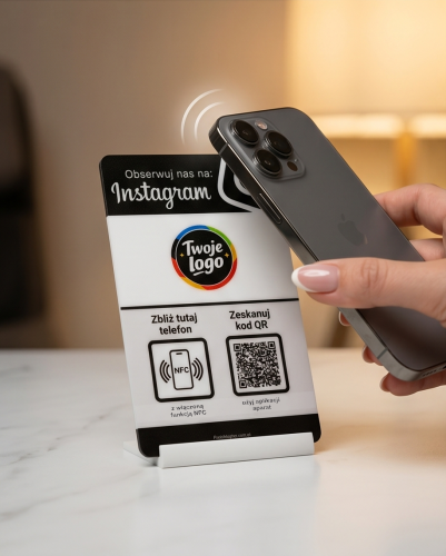 Prezenter NFC  z kodem QR - Instagram 3 - plexi, druk UV, podstawka 3D PLA | Print Majster