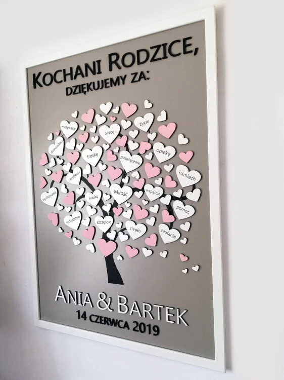 Podziękowanie dla Rodziców 50×70 cm – drzewo serc z grawerem | Print Majster